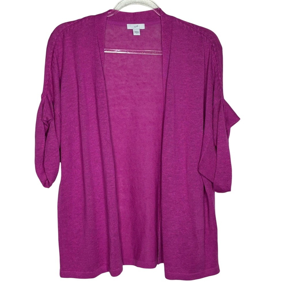 J Jill Woman Small Fuchsia Linen Blend Open Front Cardigan Sweater Short Sleeve